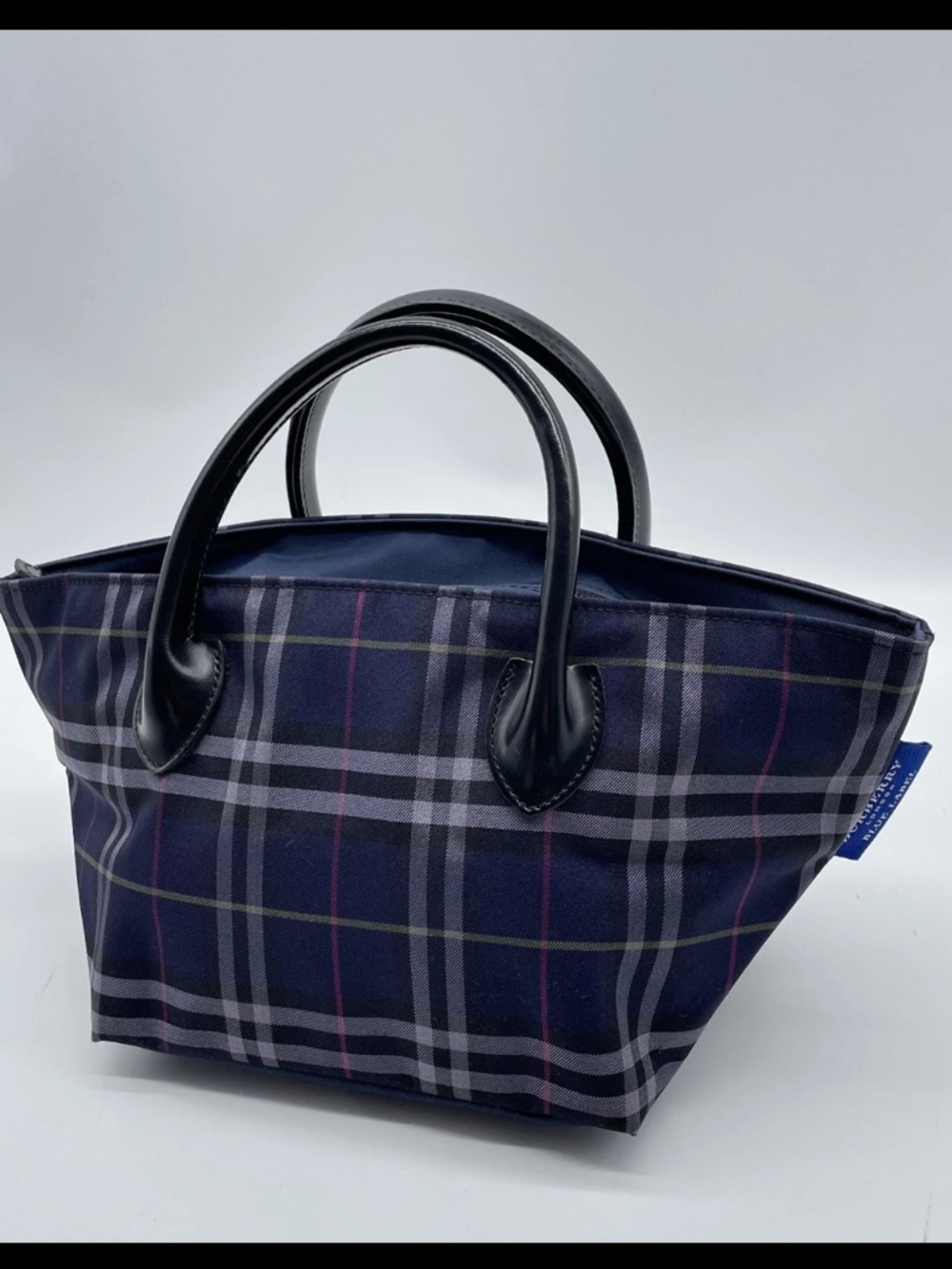 Burberry Navy Plaid Tote with Black Leather Handles